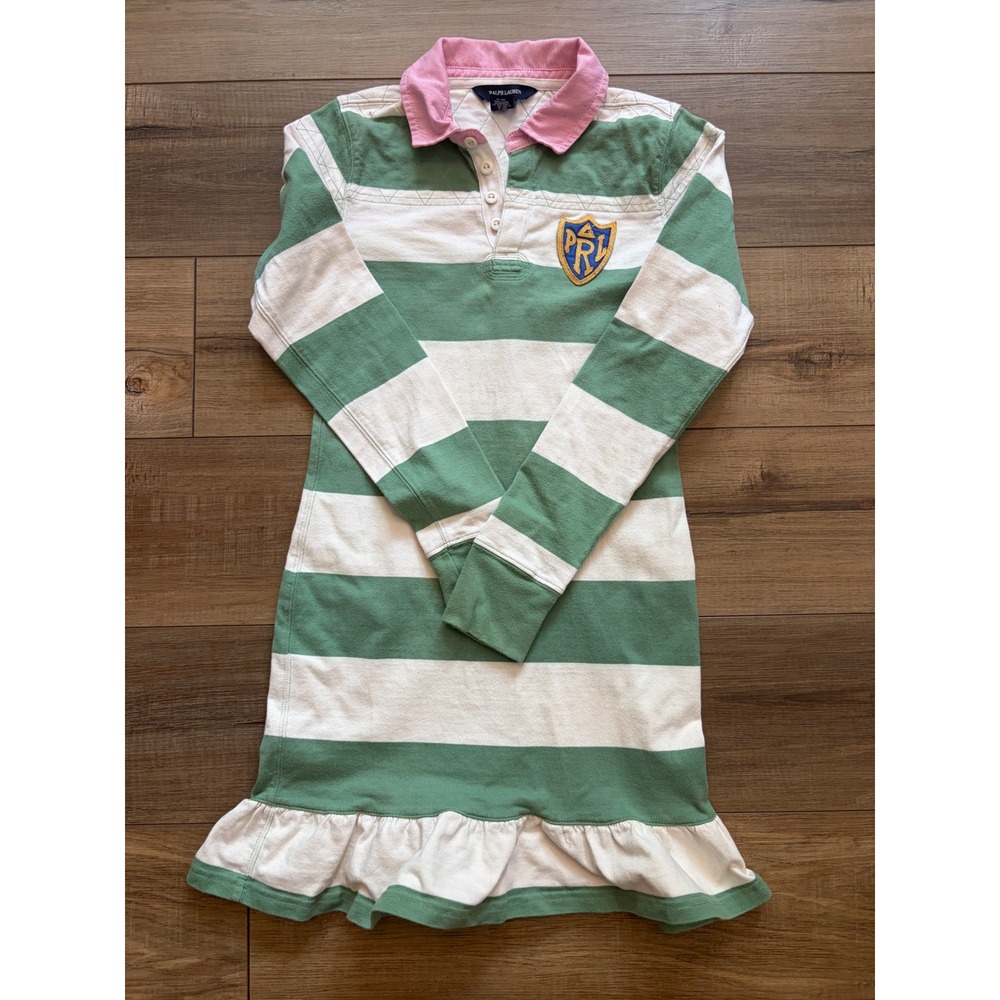 Ralph Lauren Girls Green White Striped Rugby Dress Pink Collar Ruffle Hem 6X